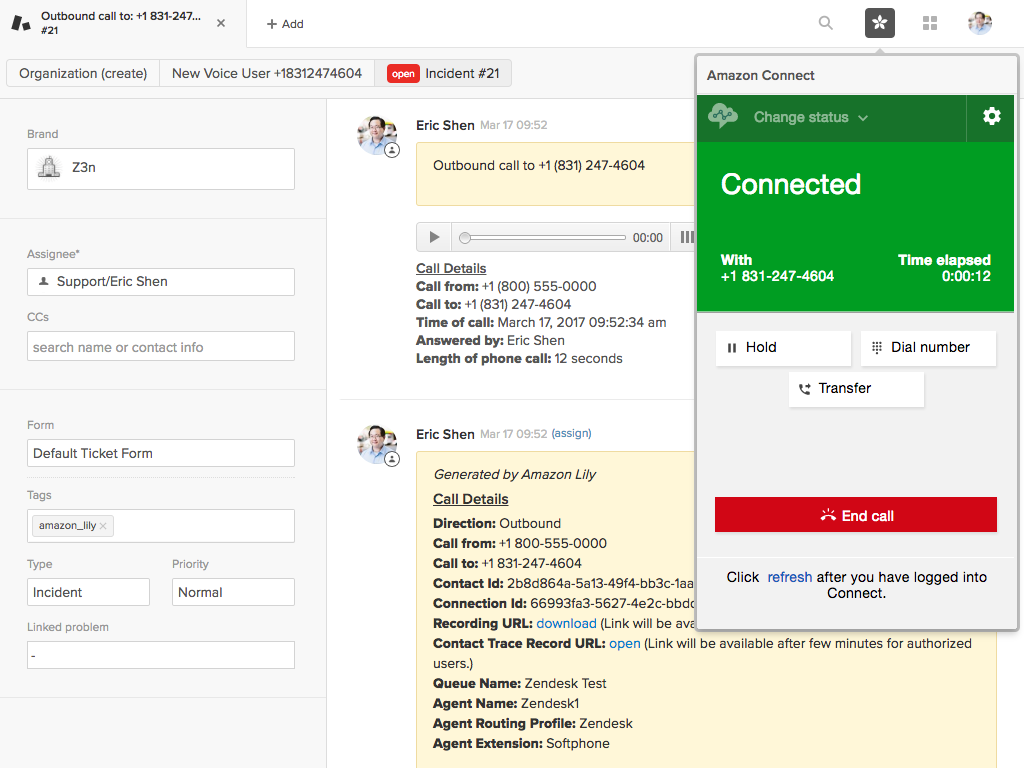 Zendesk integration with Amazon Connect